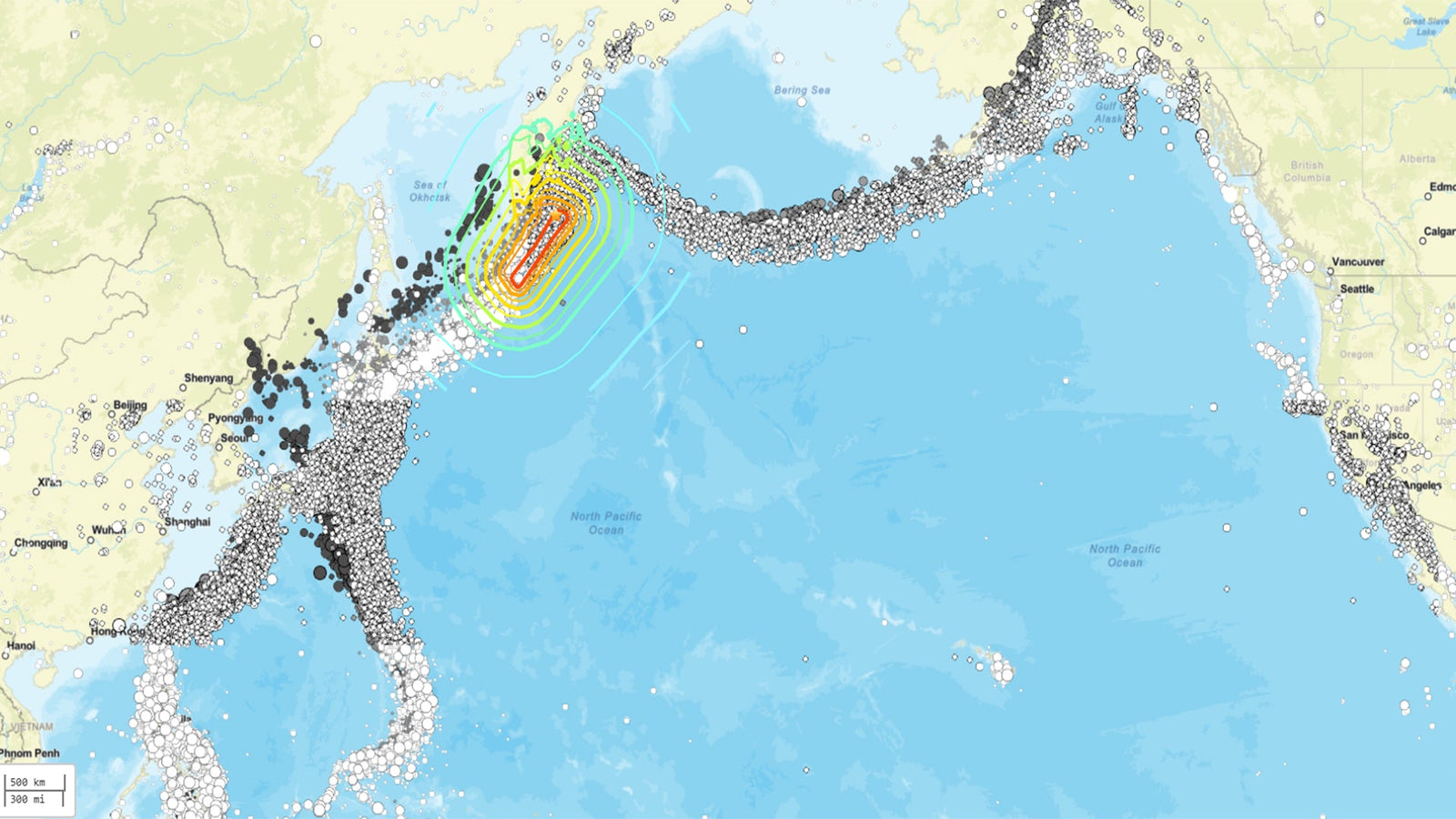 Where the earthquake hit, and every documented earthquake in the last 30 years along the pacific